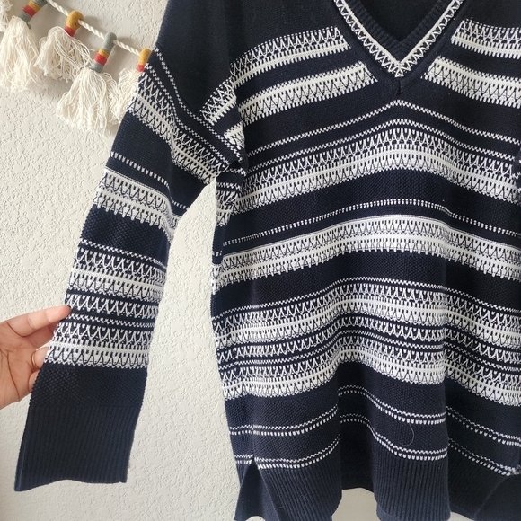 Vince Cotton Knit Striped V-neck Oversized Tunic Sweater Top Black Minimalist XL - Picture 7 of 11